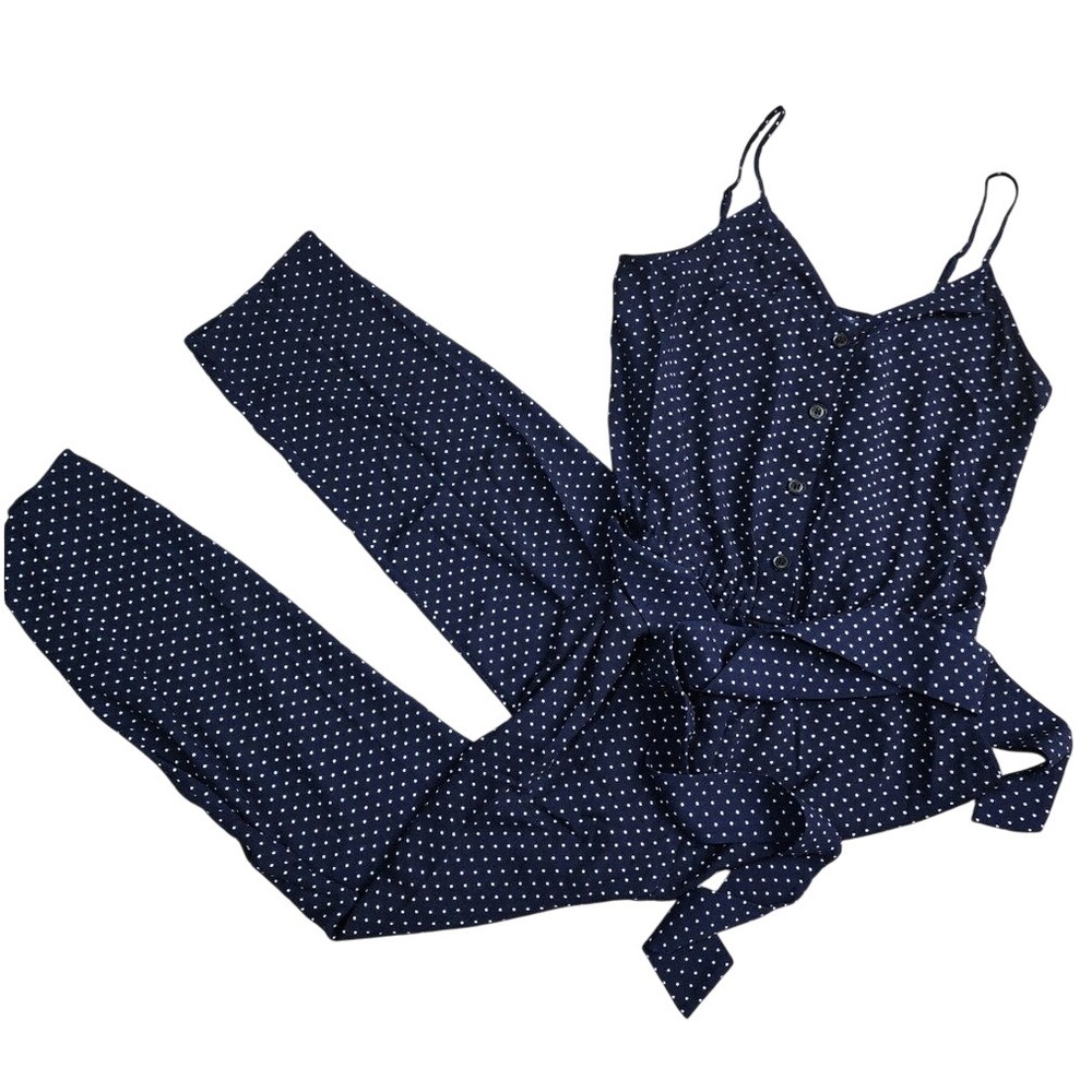Halogen Strappy Jumpsuit M Navy Blue White Polka Dot V-Neck Button Up Preppy